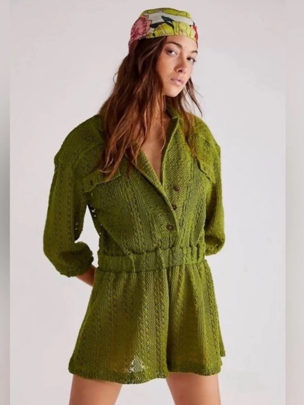 Free People Olive Green Knit Romper with Button Front sz S